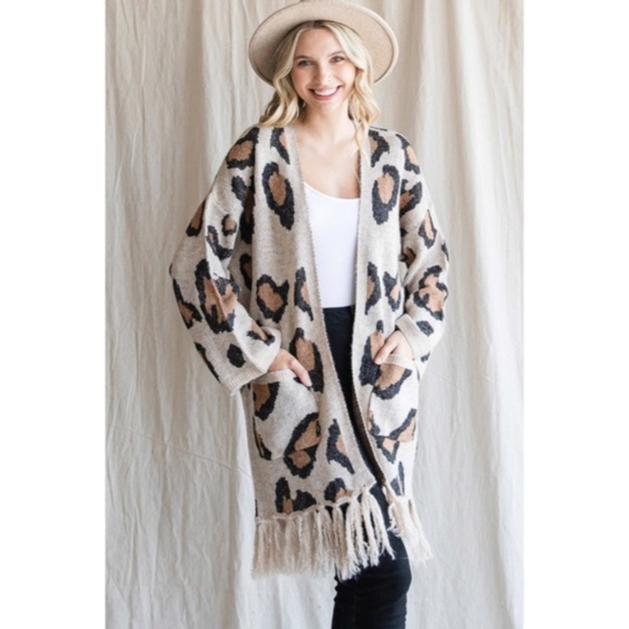 SOLD OUT Oatmeal Leopard Animal Printed Fringe Hem Open Knit Cardigan Sweater - Picture 4 of 9